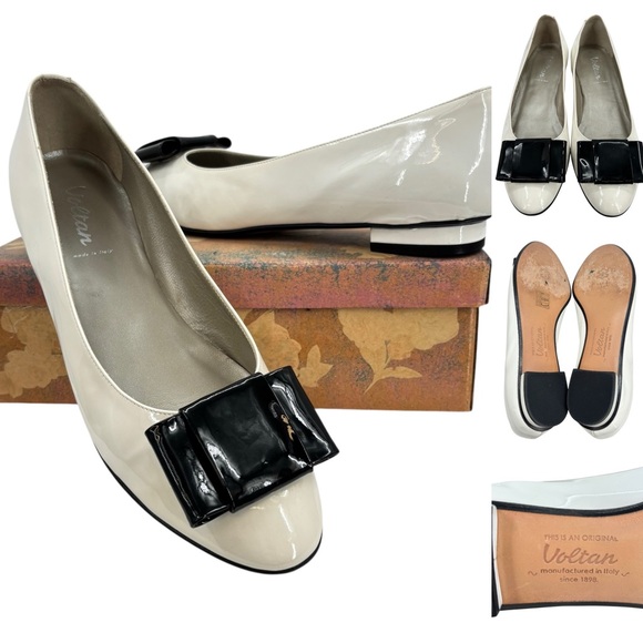 Voltan Shoes - Voltan Patent Leather Bow Flats Black White Sz. 10.5/41